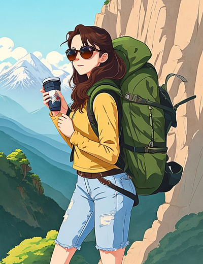 Illustration of beautiful woman mountain climber