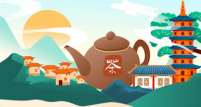 Chinese Tea Brand Illustration artwork asian design beverage design chinese design green design illustration japanese design logo design tea brand teapot