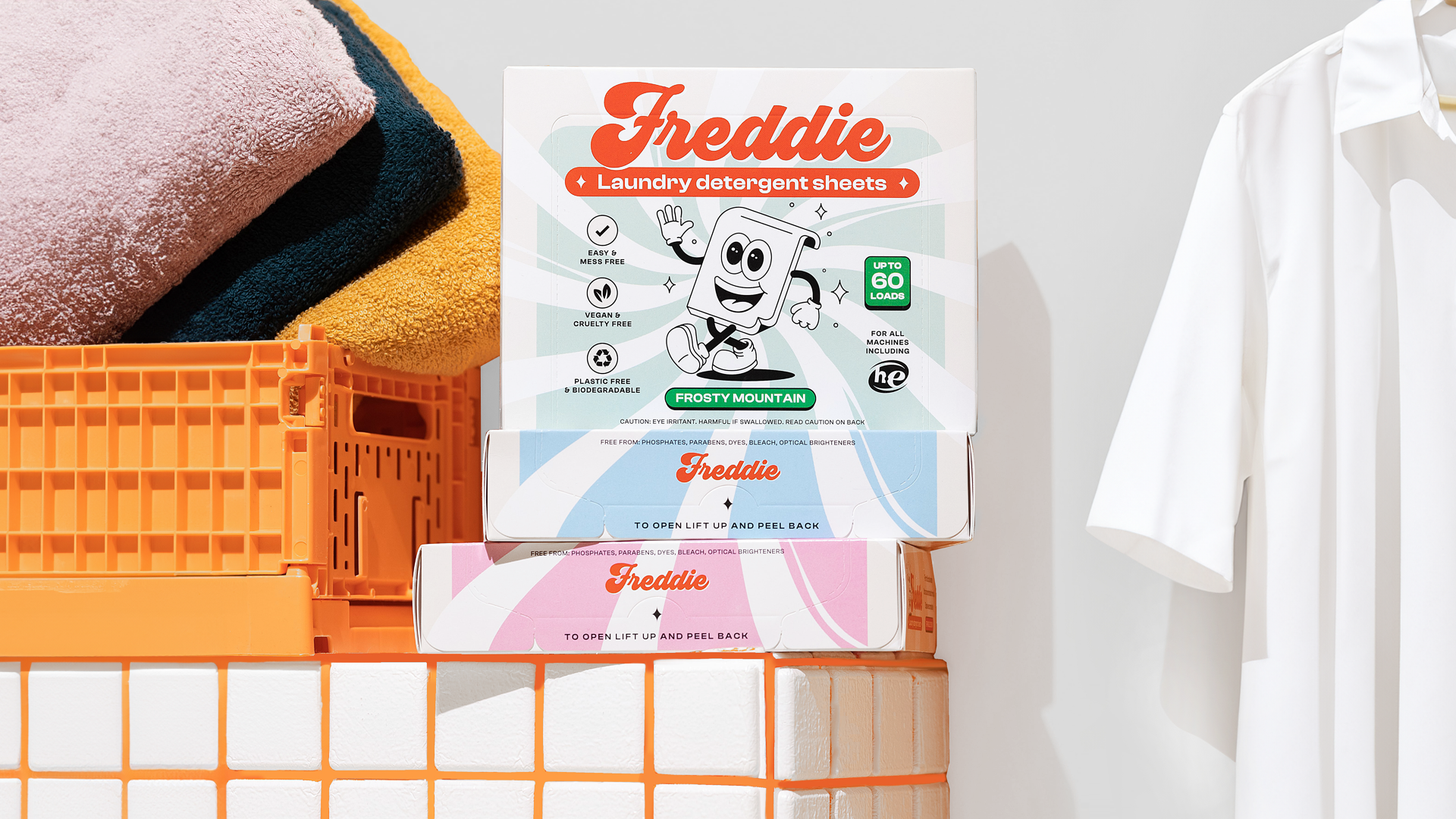 Freddie Packaging 1950s 2d 50s branding cartoon character cute graphic design happy illustration laundry linework logo mascot packaging product retro vector vintage walking