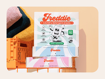 Freddie Packaging 1950s 2d 50s branding cartoon character cute graphic design happy illustration laundry linework logo mascot packaging product retro vector vintage walking