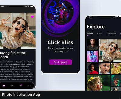 Click Bliss - Photo Inspiration App animation app branding design figma graphic design illustration mobile design motion graphics ui ux uxui design vector