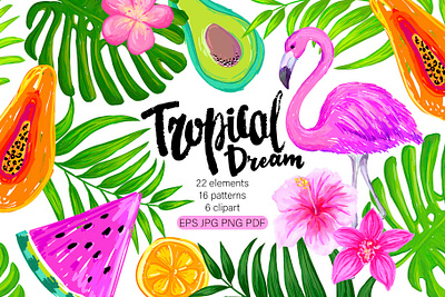 Tropical dream. Seamless patterns, graphic elements, clipart abstract clipart design fabric flamingo fruits graphic design illustration leaves pattern tropical vector watermelon