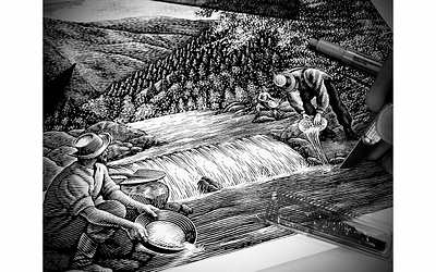 Gold Miners Illustration collection by Steven Noble artist artwork design engraving etching illustration illustrator landscape line art logo scratchboard steven noble woodcut