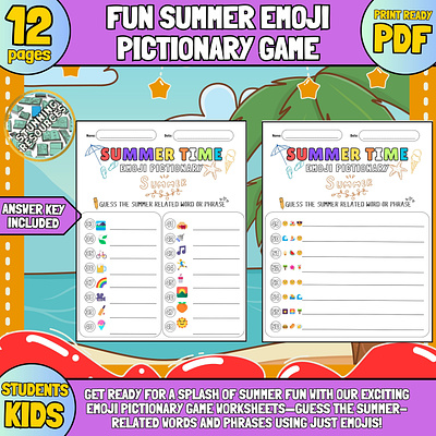 Fun Summer Emoji Pictionary Game activities lesrning printables summer worksheets