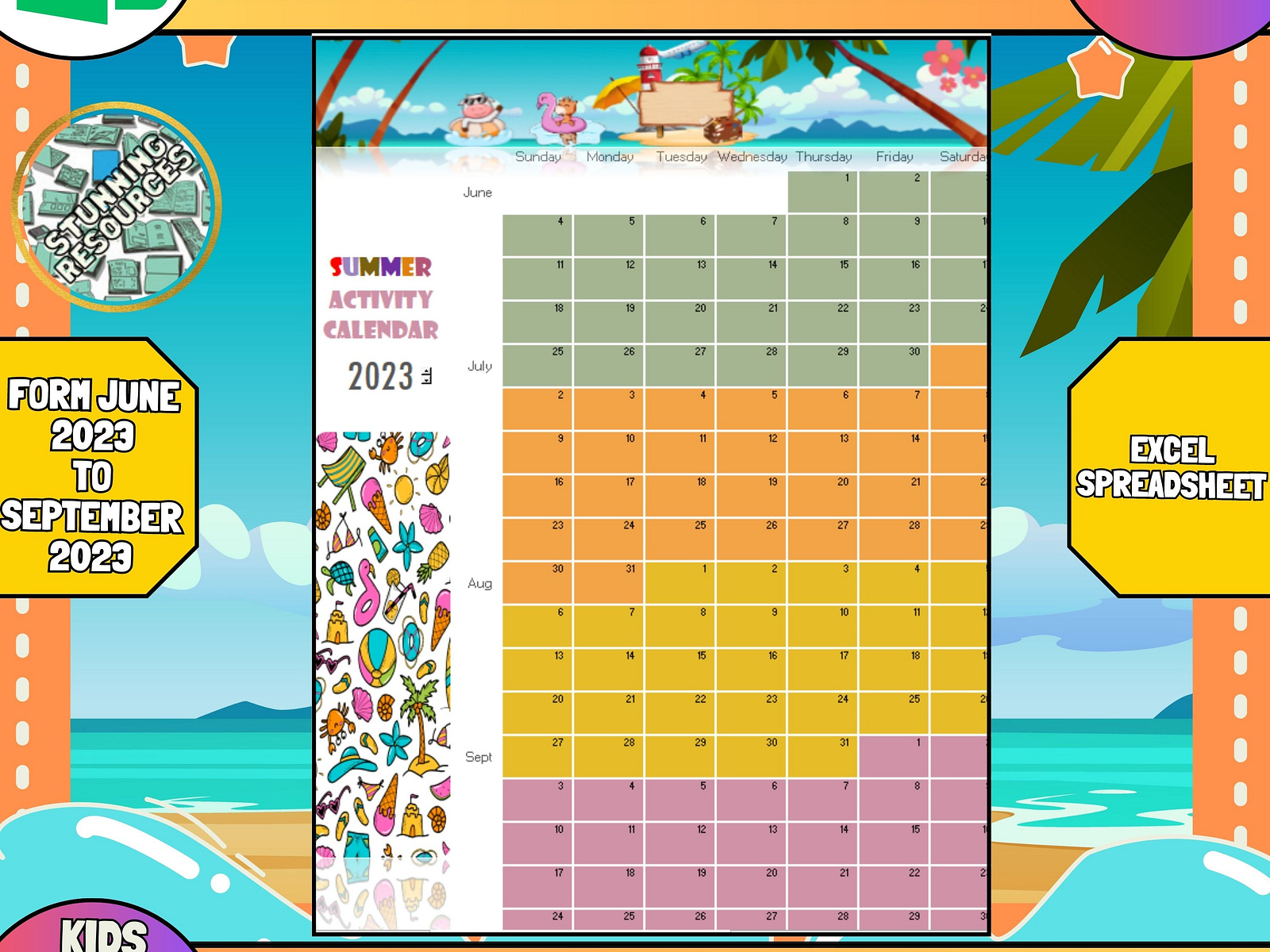 Summer Activity Calendar Microsoft Excel Spreadsheet by Stunning