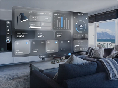 Homsky for Vision OS - Spatial UI Design app apple apple vision pro ar design augmented reality dashboard design glassmorph home automation ios product design remote control smart smart devices smart home smart house spatial ui uiux vision pro visionos