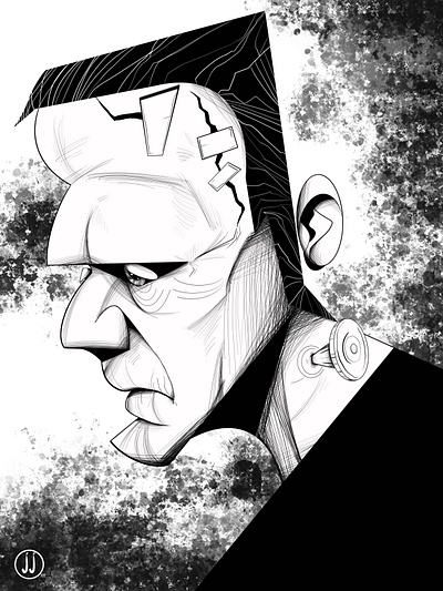 Frankenstein black and white illustration procreate