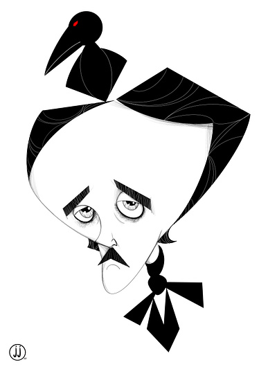 Edgar Allan Poe black and white caricature illustration procreate the raven