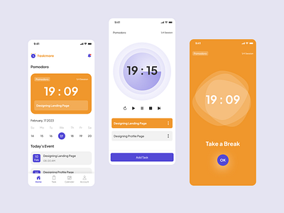 Taskmore - Pomodoro Task Management android app best clock date design fyp ios management mobile orange pomodoro purple reminder task timer trend uiux