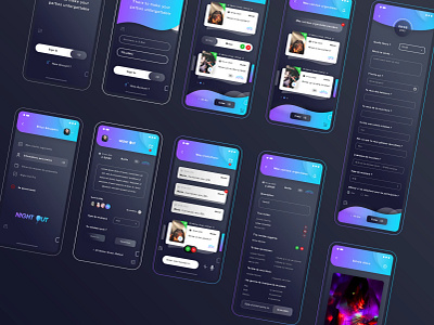 Night Out App app application mobile brand branding colors fonts contact graphic design illustrator ai logo logotype message chat nightfall party night people meet up photoshop psd print designer purple colors sign in login sign up typo typography ui style guide ui ux designer video call