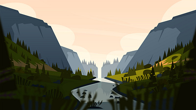 River camping hiking illustration landscape mountain nature river tree vector waterfall