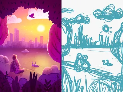 couple in love watching the sunset 2d art city design digital digital art drawing illustration label love lovers postcard scenery sea shore sketch sky sun sunrise sunset