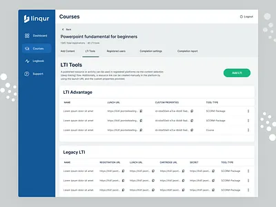 LMS Course Page add content add course add lti admin panel course details course page course registration e learning elearning learning management system legacy listing lms lms dashboard lti provider lti tools register user saas support url