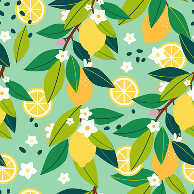 Fresh lemons background botany citrus design flat flat design flower fresh green illustration leaf lemon pattern seamless summer vector wallpaper