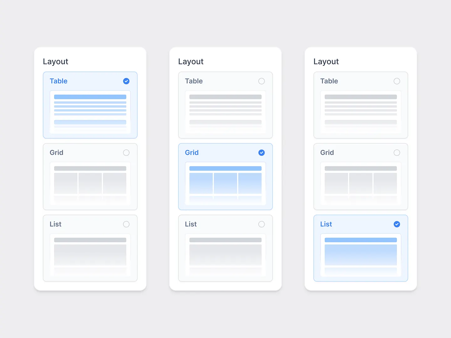 Exploring Grid View Layout Options: Table, Grid, and List Designs