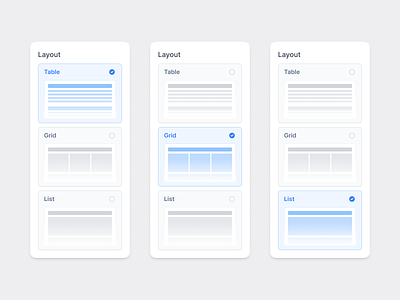 Layout Type Control Popover - Table, Grid, List blue figma grid layout highlight illustration layout minimal popover product design saas table ui view settings web
