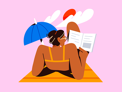 French Riviera beach body france illustration postcard reading summer woman