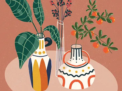Leaves, Berries, Mandarins In Vases flat flatillustration illustration leaves plants procreate