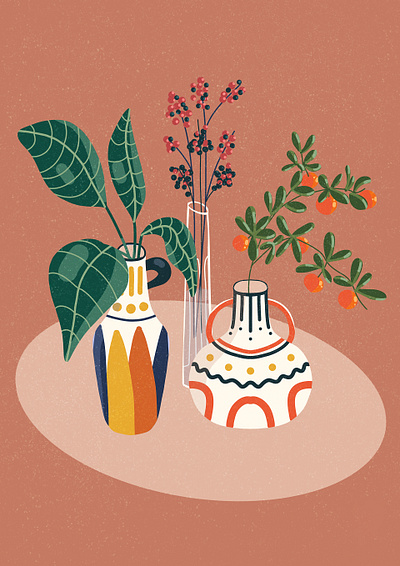 Leaves, Berries, Mandarins In Vases flat flatillustration illustration leaves plants procreate