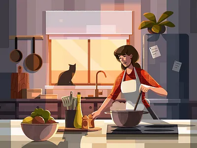 Cooking cat character cooking design fireart fireart studio illustration interior kitchen light people vector window woman