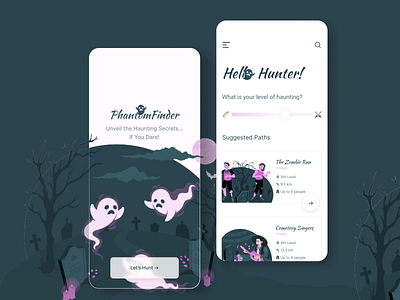 PhantomFinder animaltion color dark design game gamification green home illustration ios minimal mobile mobile design onboarding pink ui user interface ux