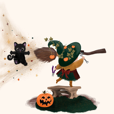 Witch fixing a broom kid lit illustration