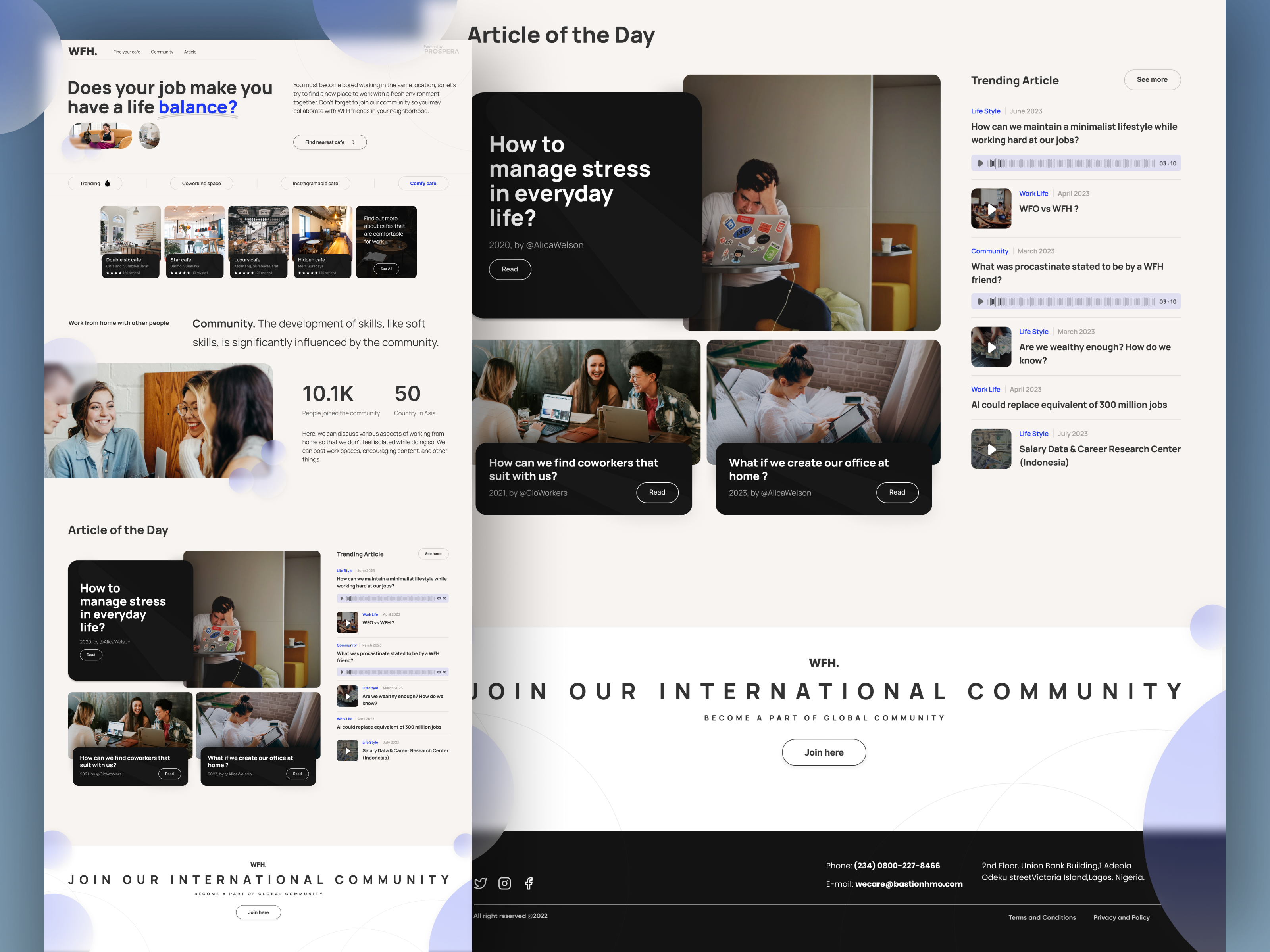 💻 🌏 WFH Global Community Website blue bold bold design bubble cafe community coworking space cream creative dark design landing page professional landing page ui ui design ui website uiux ux web website