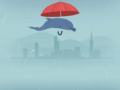 Dolphin under umbrella 2d animation cel dolphin frame by frame mograph motion graphics rain sea sound design umbrella