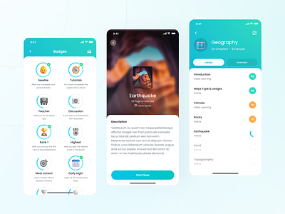 Scoofield - Badges, Lesson Overview and Lessons android app badge chart clean course design education exam ios learning lesson mobile app online course online learning progress score social ui ux
