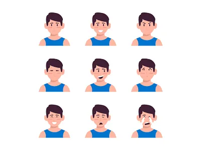 Set Of Young Man Face Expression Avatars Vector facial