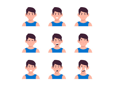 Set Of Young Man Face Expression Avatars Vector facial