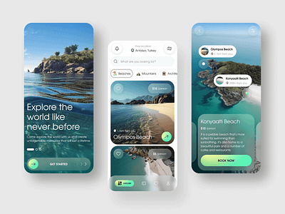 Travel Service Mobile App 2023 ai app app design booking design glass gradient interection midjourney mobile mobile app mobile ui product service travel trend turkey ui ux