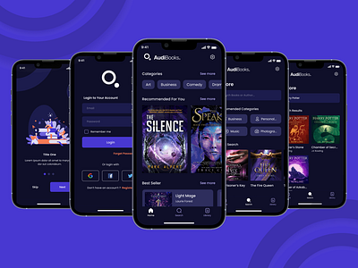 AudiBooks Dark app audio dark theme design landing page mobile mobile application music purple ui ux