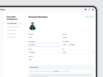 Money Management Saas - User Profile & Settings clean ui finance input fields product design profile management profile page saas saas app saas product settings settings page ui design uiux ux ux design we app web application