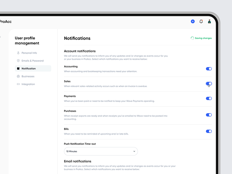 Money Management Saas - Notification Settings page app design billings bills design finance app finance management fintech saas invoicing money money management notification notification setting saas app saas design settings page ui uiux web app web application design web design