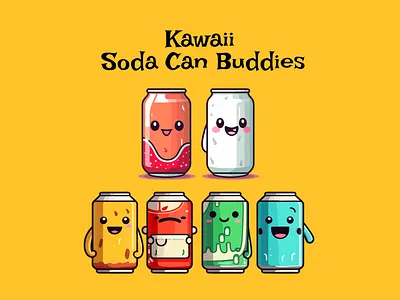 A set of Kawaii Soda Can Buddies can cheerful colorful cute icons illustration kawaii soda ui ux vector visual