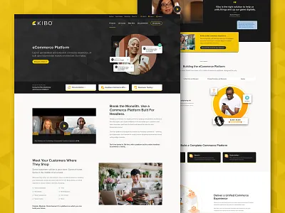 Kibo Commerce - Website Redesign, eCommerce Platform page black card clean collage commerce contrast gold icons navigation people simple sophisticated tech ui ux video web design website