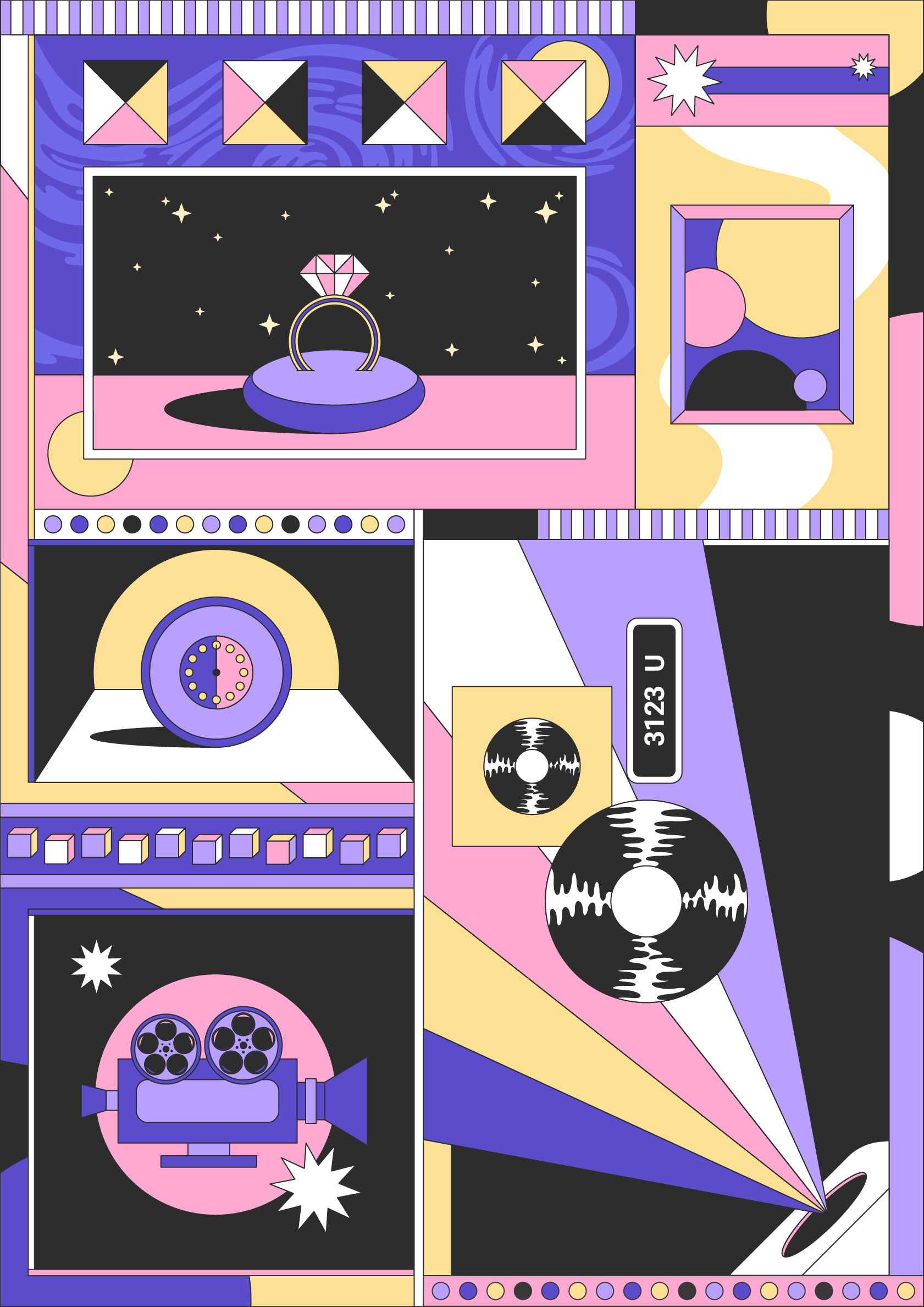 Midnight In Paris Poster 2d adobe illustrator camera digital art editorial film flat flat design flat illustration geometry graphic design illustration magazine movie poster pink poster poster design shape vector art vector illustration