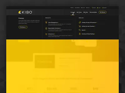 Kibo Commerce - Website Redesign, Mega Menu black blur clean columns contrast dark gray gold hover icons mega menu navigation overlay simple sophisticated triangle ui ux web design website