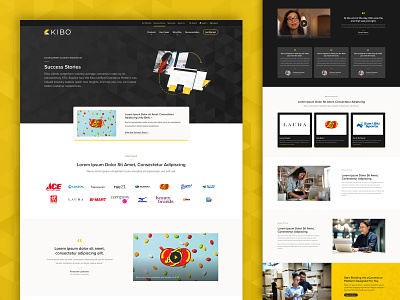 Kibo Commerce - Website Redesign, Success Stories page black cards clean collage contrast gold hero layout logos people simple sophisticated testimonials texture triangles ui ux video web design website