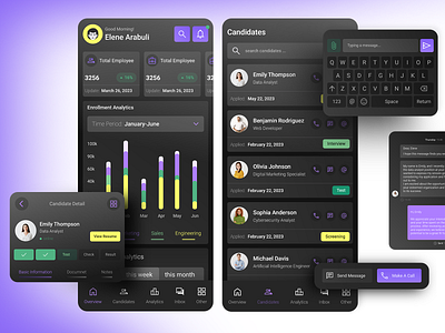Recruiting Mobile App application chart design employee green hr inbox interface keyboard managment mobile purple recruiying ui user interface ux yellow