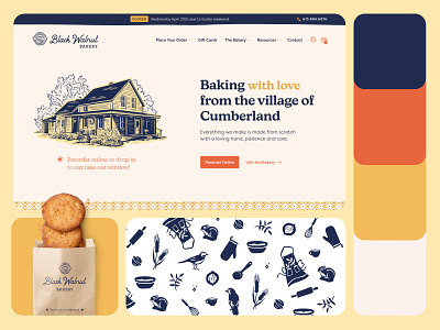 Black Walnut Bakery bakery branding brand identity brand refresh country charm food industry hand drawn packaging warm colors web design website illustration yellow