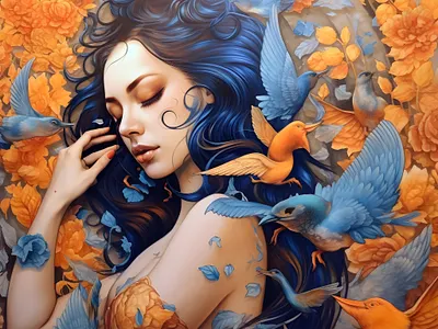 A woman with birds on her hair illustration