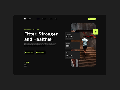 Dark Fitness App Hero Section 2023 app dark mode data design fit fitness gym health hero section landing page layout metrics minimal tech typography ui website workout