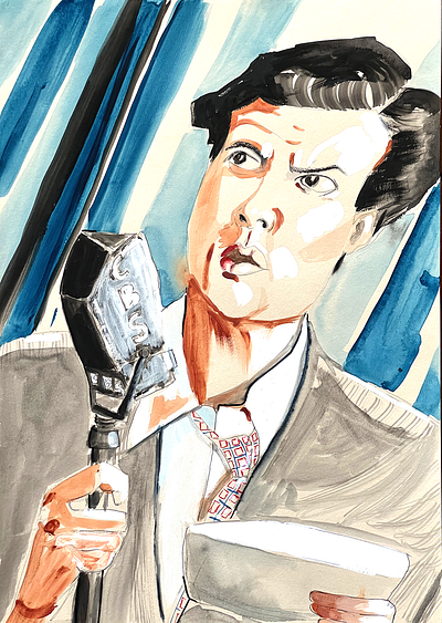 Orson Welles 1938 blue gouache illustration microphone people