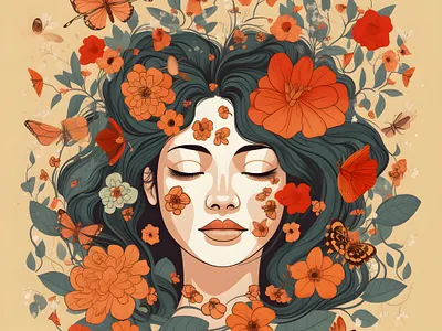 illustration of a woman's face adorned with whimsical flowers illustration