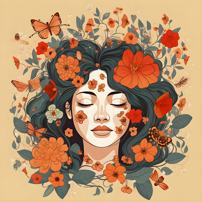 illustration of a woman's face adorned with whimsical flowers illustration
