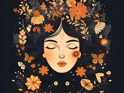 Woman's portrait adorned with whimsical flowers illustration