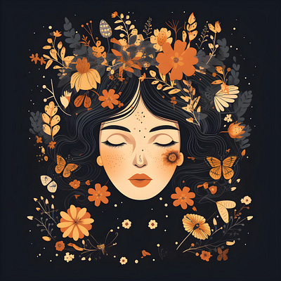 Woman's portrait adorned with whimsical flowers illustration