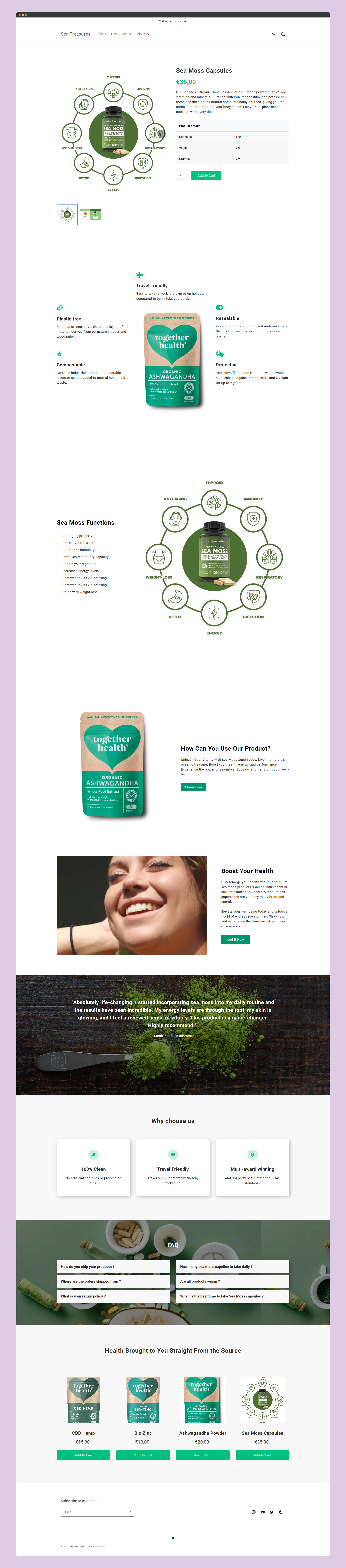 Shopify + PageFly Product Page for Sea Moss And Organic Products bio branding clean design e commerce fresh green health minimalism minimalist organic pagefly product page products sea moss shopify ui ux vegan web design